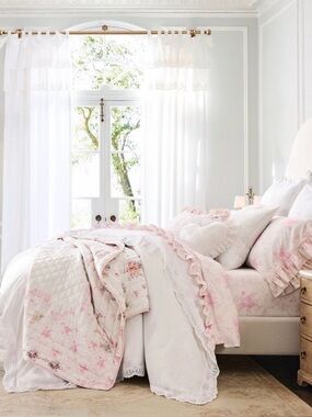 LoveShackFancy PINK Ruffle KING Sheet Set Rose Floral Ruffles ~ Coquette